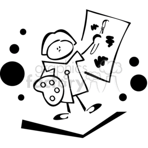 clipart - Black and white outline of a kindergartener painting .