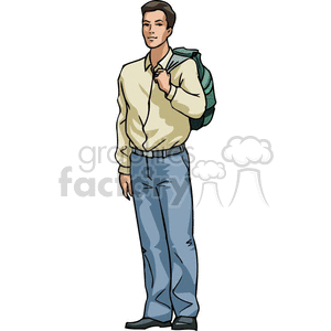 clipart - Cartoon student holding a backpack.