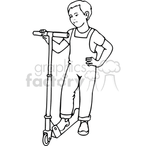 clipart - Black and white outline of a boy riding a scooter .
