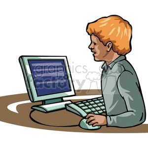 education cartoon boy student back to school computer keyboard mouse monitor learning showing finding information homework studying determined internet 
