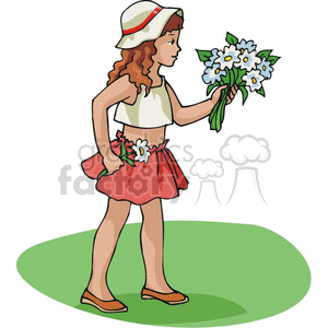 education cartoon  back to school student girl picking flowers bouquet pretty lovely nice beautiful giving skirt hat happy fun