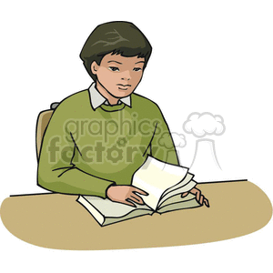 Cartoon student sitting at a desk reading a book clipart #382859 at  Graphics Factory.