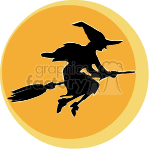 The clipart image depicts a silhouette cartoon of a witch flying on a broomstick in the night sky during Halloween. 