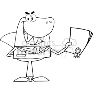 clipart - black and white shark holding a contract.