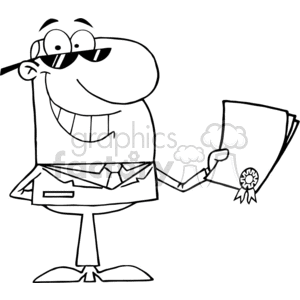 clipart - black and white businessman holding a contract.