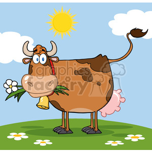 Brown Dairy Cow With Flower In Mouth On A Meadow clipart.