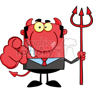 Royalty Free Smiling Devil Boss With A Trident And Hand Pointing Finger clipart. Commercial use image # 386822