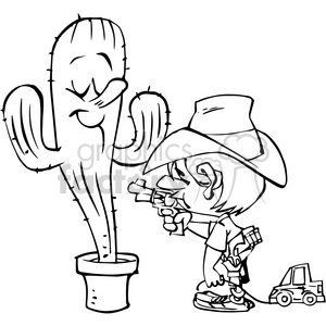boy sticking up a cactus in black and white clipart. Commercial use image # 388308