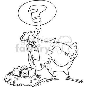 clipart - chicken confused over egg black and white.