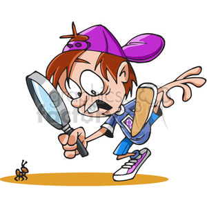 boy child magnifying+glass bug insect magnify ant child scared cartoon