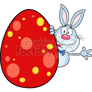 Royalty Free RF Clipart Illustration Cute Blue Rabbit Cartoon Character Waving Behinde Easter Egg clipart.