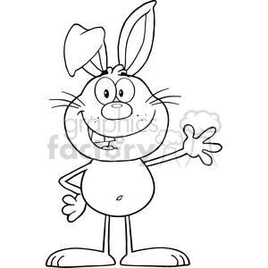 Royalty Free RF Clipart Illustration Black And White Smiling Rabbit Cartoon Character Waving For Greeting