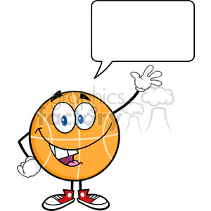 clipart - Royalty Free RF Clipart Illustration Happy Basketball Cartoon Character Waving With Speech Bubble.