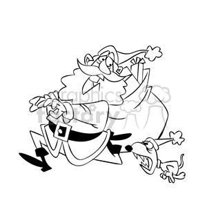 cartoon santa getting chased by small dog outline clipart.
