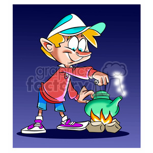 cartoon funny silly comics character mascot mascots boy boy+scout warming pot camping fire hot boil boiling water tea heating kettle