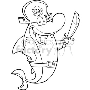 Royalty Free RF Clipart Illustration Black And White Pirate Shark Cartoon Character Holding A Sword clipart. Royalty-free image # 395498