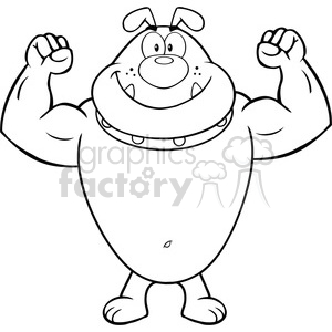 Royalty Free RF Clipart Illustration Black And White Smiling Bulldog Cartoon Mascot Character Showing Muscle Arms clipart. Commercial use image # 395578