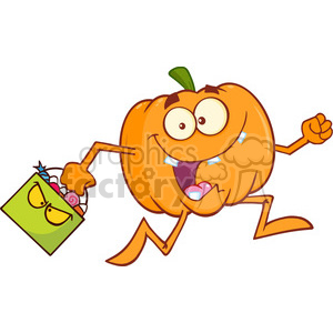 Royalty Free RF Clipart Illustration Goofy Halloween Pumpkin Cartoon Mascot Character Running With Bag Of Candy clipart.