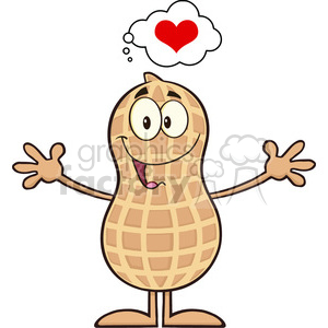8635 Royalty Free RF Clipart Illustration Funny Peanut Cartoon Character Thinking Of Love And Wanting A Hug Vector Illustration Isolated On White clipart.