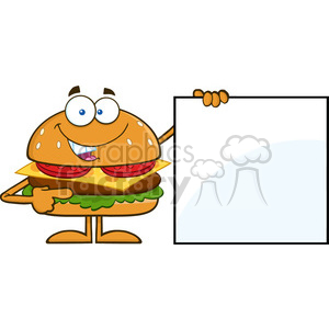 8569 Royalty Free RF Clipart Illustration Funny Hamburger Cartoon Character Pointing To A Blank Sign Vector Illustration Isolated On White clipart.