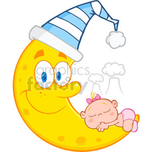 Royalty Free RF Clipart Illustration Cute Baby Girl Sleeps On The Smiling Moon With Sleeping Hat clipart.