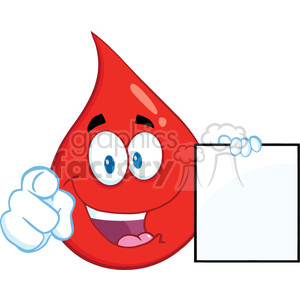 Royalty Free RF Clipart Illustration Red Blood Drop Cartoon Mascot Character Pointing With Finger And Holding A Blank Page clipart.