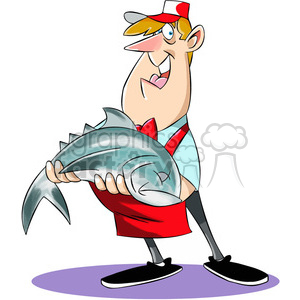 Chuck the cartoon butcher holding large fish clipart.