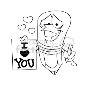clipart - woody the cartoon pencil character holding an i love you sign black white.