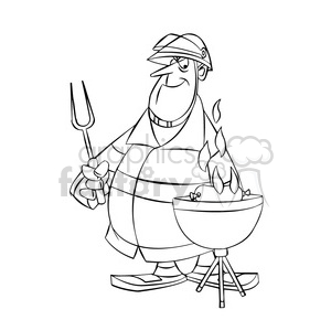 clipart - frank the cartoon firefighter cooking on a grill bbq black white.