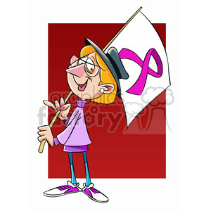 cartoon lady holding breast cancer flag clipart.