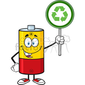 royalty free rf clipart illustration cute battery cartoon mascot character holding a recycle sign vector illustration isolated on white .