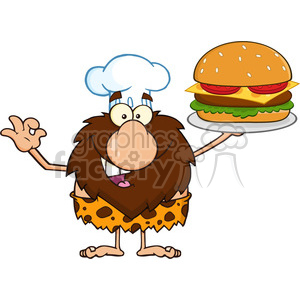 chef male caveman cartoon mascot character holding a big burger and gesturing ok vector illustration clipart.