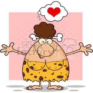 clipart - smiling brunette cave woman cartoon mascot character with open arms and a heart vector illustration.