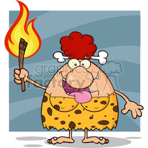 clipart - smiling red hair cave woman cartoon mascot character holding up a fiery torch vector illustration.