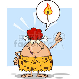 clipart - smiling red hair cave woman cartoon mascot character with good idea vector illustration with speech bubble and fiery torch.