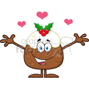 royalty free rf clipart illustration smiling christmas pudding cartoon character with open arms and hearts for greeting vector illustration isolated on white .