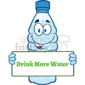 of a water plastic bottle cartoon mascot character holding a sign with text drink more water vector illustration isolated on white background clipart. Commercial use image # 399462
