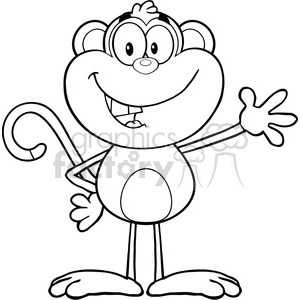 royalty free rf clipart illustration black and white monkey cartoon character waving for greeting vector illustration isolated on white clipart. Royalty-free image # 399617