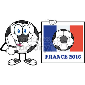 pointing soccer ball cartoon mascot character pointing to a sign with france flag and text france 2016 year vector illustration isolated on white background clipart.