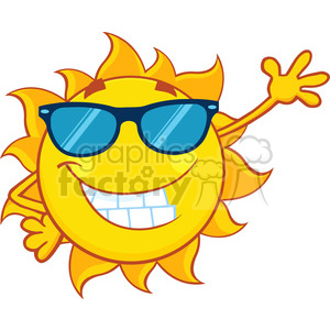 smiling sun cartoon mascot character with sunglasses waving for greeting vector illustration isolated on white background clipart. Commercial use image # 399866