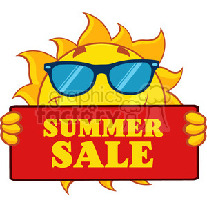 cute sun cartoon mascot character with sunglasses holding a sign with text summer sale vector illustration isolated on white background clipart.