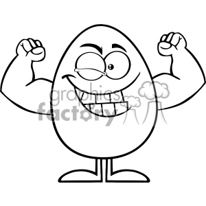 10931 Royalty Free RF Clipart Black And White Strong Egg Cartoon Mascot Character Winking And Showing Muscle Arms Vector Illustration clipart.