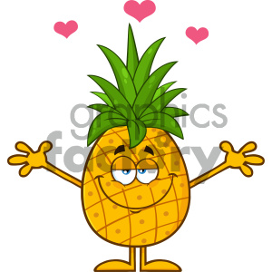 Royalty Free RF Clipart Illustration Happy Pineapple Fruit With Green Leafs Cartoon Mascot Character With Open Arms For Hugging Vector Illustration Isolated On White Background_1 clipart.