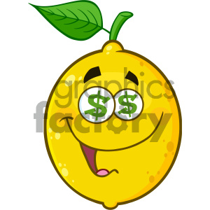 Royalty Free RF Clipart Illustration Funny Yellow Lemon Fruit Cartoon Emoji Face Character With Dollar Eyes And Smiling Expression Vector Illustration Isolated On White Background clipart. Commercial use image # 404450