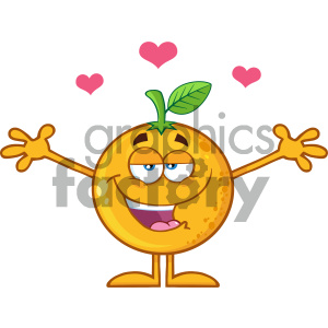 Royalty Free RF Clipart Illustration Happy Orange Fruit Cartoon Mascot Character With Hearts And With Open Arms For Hugging Vector Illustration Isolated On White Background clipart.