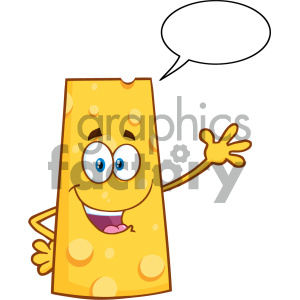 Happy Cheese Cartoon Mascot Character Waving With Speech Bubble Vector Illustration Isolated On White Background