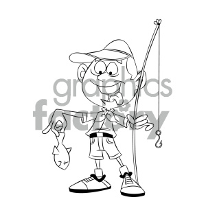 black+white cartoon character mascot funny fishing fisherman fishermen angler fisher boy+scout scout boy child kids