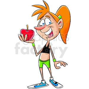 clipart - cartoon women in yoga pants eating an apple.