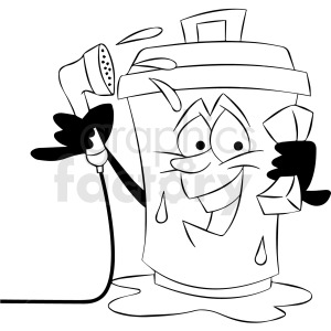 clipart - black and white cartoon trash can character cleaning itself.