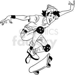 clipart - black and white cartoon male skater doing kickflip vector illustration.
